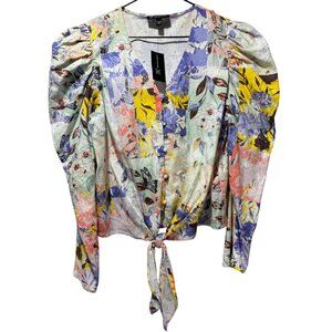 INC Womens XL Floral Linen V-neck Blouse Button Tie Front  Puff Sleeve Bloomcore